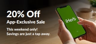 20% Off App-Exclusive Sale promo banner showing a smartphone with the iHerb logo. Text reads: 