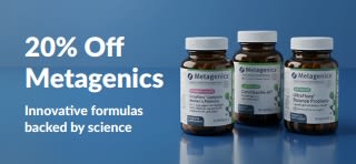 Metagenics 20% off sale banner with code OCT26MTG, featuring bottles of probiotics and dietary supplements.