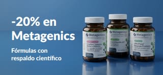Banner de 20% de descuento en Metagenics con el código OCT26MTG, con botellas de probióticos y suplementos alimenticios.