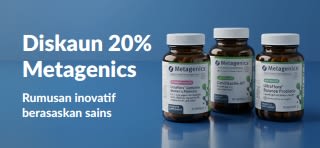 Sepanduk jualan diskaun 20% Metagenics dengan kod OCT26MTG, menampilkan botol probiotik dan suplemen pemakanan.