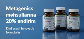 Üzərində probiotiklər və qida əlavələri flakonları əks olunmuş, OCT26MTG promokodu ilə Metagenics məhsullarına 20% endirim banneri.
