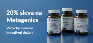 Banner pro 20% slevu na Metagenics s kódem OCT26MTG s baleními probiotik a výživovými doplňky stravy.