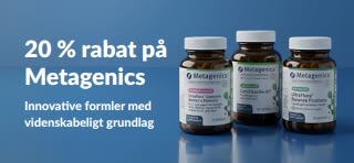 Metagenics-udsalgsbanner med 20 % rabat ved brug af koden OCT26MTG, med flasker med probiotika og kosttilskud.