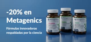 Banner promocional con un 20% de descuento en Metagenics mediante el código OCT26MTG, que muestra frascos de probióticos y complementos alimenticios.