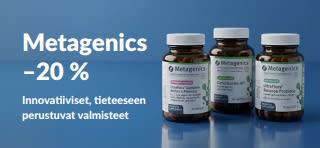Metagenics –20 % -alebanneri, jossa koodi OCT26MTG sekä probiootti- ja ravintolisäpurkkeja.