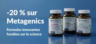 Bannière promotionnelle Metagenics à -20 % avec le code OCT26MTG, présentant des flacons de probiotiques et de compléments.