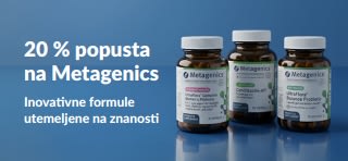 Promotivni reklamni natpis za 20 % popusta na proizvode Metagenics uz kod OCT26MTG, s prikazom bočica probiotika i dodataka prehrani.