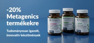 Metagenics termékekre 20% kedvezményt hirdető banner az OCT26MTG kóddal. A képen probiotikus és étrend-kiegészítős üvegcsék láthatók.