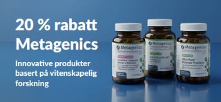 Kampanjebanner med 20 % rabatt på Metagenics og koden OCT26MTG, med flasker med probiotika og kosttilskudd.