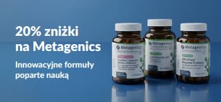 Baner promocyjny Metagenics z rabatem 20% i kodem OCT26MTG, przedstawiający opakowania probiotyków i suplementów diety.