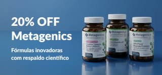 Banner da promoção de 20% OFF em Metagenics, com o código OCT26MTG, destacando frascos de probióticos e suplementos alimentares.