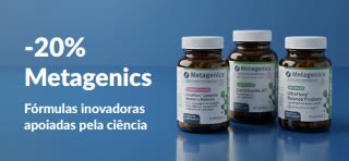 Banner promocional de Metagenics com 20% de desconto com o código OCT26MTG, a promover frascos de probióticos e suplementos alimentares.