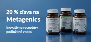 Baner propagujúci 20 % zľavu na Metagenics s kódom OCT26MTG s fľaštičkami probiotík a výživových doplnkov.
