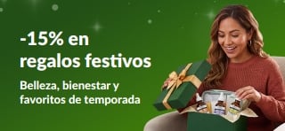 Banner de un 15% de descuento en regalos para las fiestas, con una mujer abriendo una caja de regalo con varios productos.