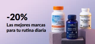 Banner de un 20% de descuento en magnesio con frascos de Doctor's Best, Life Extension y California Gold Nutrition.