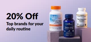 20% off magnesium promotional banner featuring supplement bottles from Doctor's Best, Life Extension, and California Gold Nutrition.