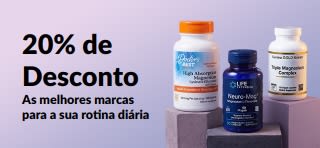 Banner promocional de 20% de desconto em magnésio a promover frascos de suplementos das marcas Doctor's Best, Life Extension e California Gold Nutrition.