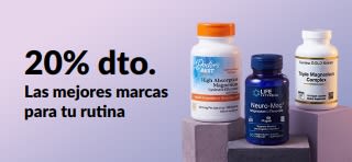 Banner promocional del 20% de dto. en magnesio con botes de suplementos de Doctor's Best, Life Extension y California Gold Nutrition.