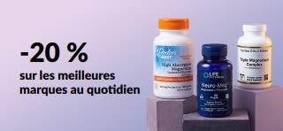 Bannière « -20 % sur le magnésium » avec des flacons de Doctor's Best, Life Extension et California Gold Nutrition.