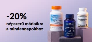 Magnéziumra 20% kedvezményt hirdető banner Doctor's Best, Life Extension és California Gold Nutrition étrend-kiegészítős flakonokkal.