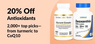 Banner promoting 20% off antioxidants, featuring supplement bottles like CoQ10, glutathione, and silymarin complex.