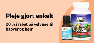 iHerb-banner med 20 % rabat på helseprodukter til baby og børn, herunder vitaminer og vingummier.