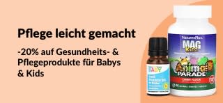 iHerb-Banner, das 20 % Rabatt auf Gesundheitsprodukte für Babys und Kinder bewirbt, wie Kau-Vitamine