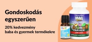 iHerb banner, amely 20% kedvezményt hirdet csecsemők és gyermekek számára készült wellness termékekre, vitaminokra és gumicukrokra.
