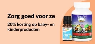 iHerb-banner met 20% korting op baby- en kinderproducten, waaronder vitamines en gummies.
