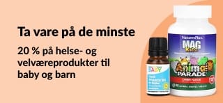 iHerb-banner som promoterer 20 % rabatt på velværeprodukter til baby og barn, inkludert vitaminer og gummies.