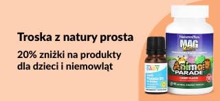 Baner iHerb promujący 20% zniżki na produkty dla dzieci i niemowląt, w tym witaminy i żelki.