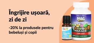 Banner iHerb ce promovează produse pentru bebeluși și copii cu 20% reducere, inclusiv vitamine și jeleuri.