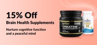 Banner promoting 15% off brain health supplements featured supplement products.