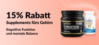 Banner, das für 15% Rabatt auf Nahrungsergänzungsmittel für das Gehirn wirbt, mit ausgewählten Produkten.