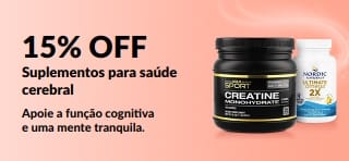 Banner promocional oferecendo 15% OFF em suplementos para saúde cerebral, com produtos em destaque.