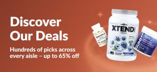 iHerb Discover Our Deals banner promoting up to 65% off across categories, featuring supplement and wellness products.