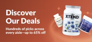iHerb Discover Our Deals banner promoting up to 65% off across categories, featuring supplement and wellness products.