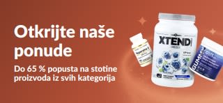 „iHerb reklamni natpis „Otkrijte naše ponude“ s promocijom do 65 % popusta u svim kategorijama, uključujući dodatke prehrani i wellness proizvode.