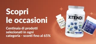 Banner promozionale iHerb 'Scopri le nostre offerte' con sconti fino al 65% su varie categorie; l'immagine mostra una selezione di integratori e prodotti per il benessere.