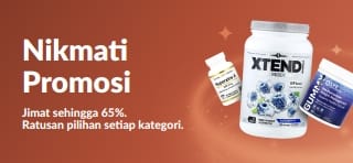 Sepanduk Nikmati Promosi iHerb dengan diskaun sehingga 65% bagi semua kategori, paparan produk suplemen dan kesejahteraan. 