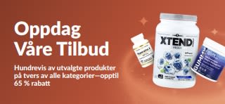 iHerb «Oppdag våre tilbud»-banner som promoterer opptil 65 % rabatt på tvers av kategorier, med kosttilskudd og velværeprodukter.
