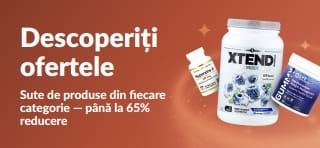 Banner iHerb „Descoperiți ofertele” cu până la 65% reducere la diverse categorii, ca suplimentele și produsele de wellness.