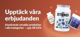 iHerb-banner med rubriken ”Upptäck våra erbjudanden” som marknadsför upp till 65% rabatt i alla kategorier, med fokus på kosttillskott och hälsoprodukter.