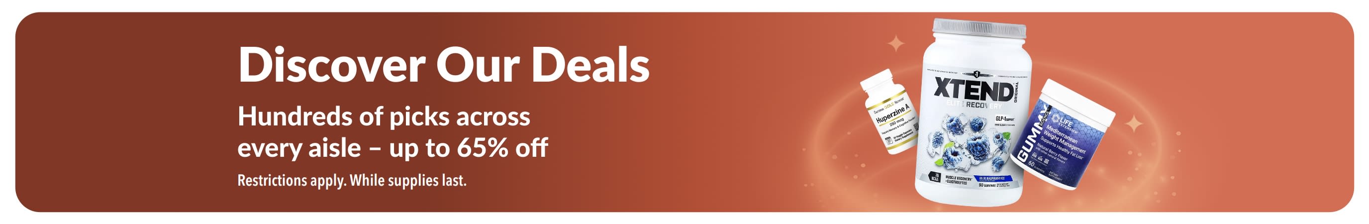 iHerb Discover Our Deals banner promoting up to 65% off across categories, featuring supplement and wellness products.