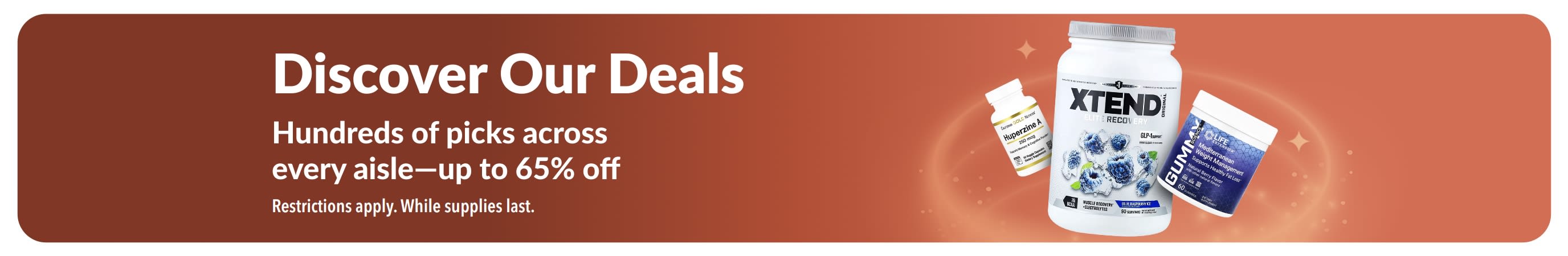 iHerb Discover Our Deals banner promoting up to 65% off across categories, featuring supplement and wellness products.