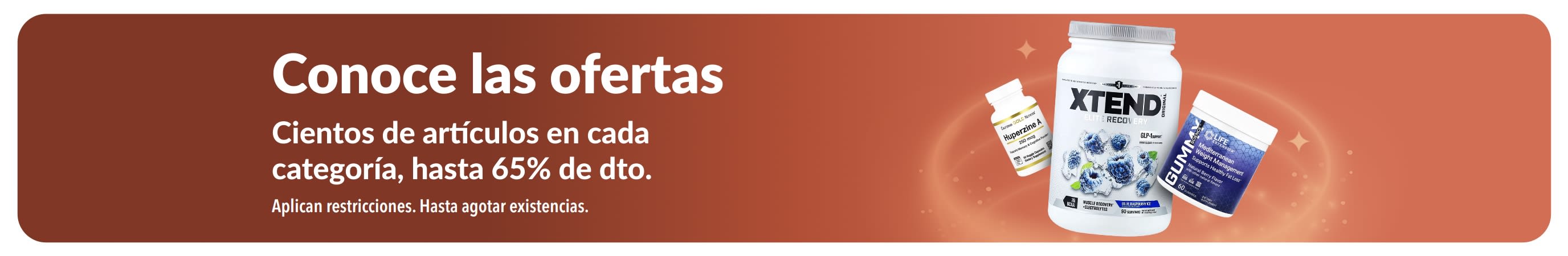 Banner de iHerb Conoce las ofertas, hasta 65% de descuento en cada categoría, muestra suplementos y productos de bienestar.