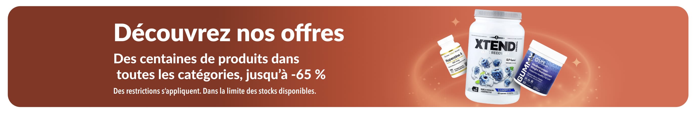 Bannière iHerb « Découvrez nos offres » avec jusqu’à 65 % de réduction sur une sélection de produits bien-être.