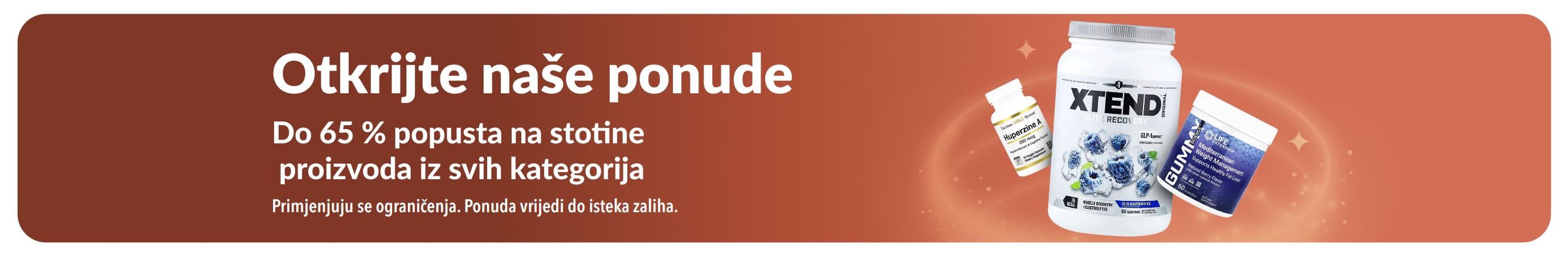 „iHerb reklamni natpis „Otkrijte naše ponude“ s promocijom do 65 % popusta u svim kategorijama, uključujući dodatke prehrani i wellness proizvode.