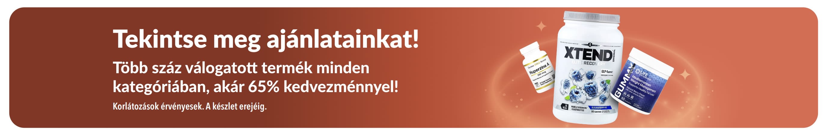 iHerb akciós ajánlatok banner, amely akár 65%-os kedvezményt kínál minden kategóriában, étrend-kiegészítőket és wellness termékeket ábrázolva.