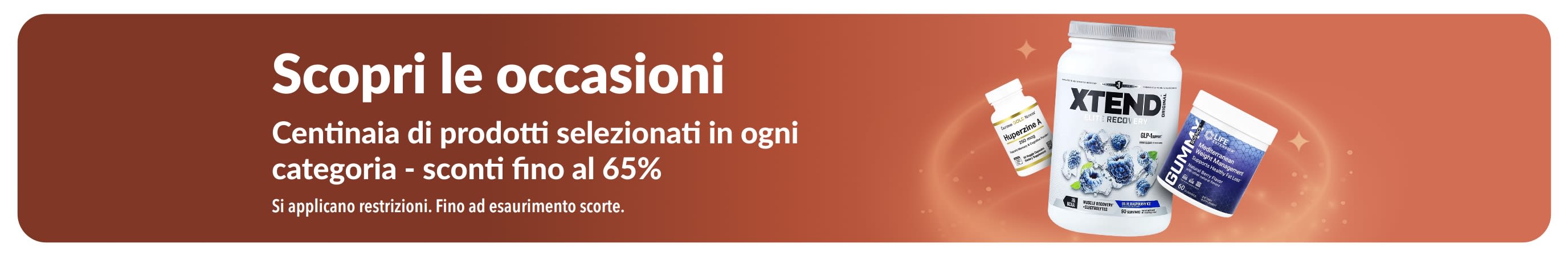Banner promozionale iHerb 'Scopri le nostre offerte' con sconti fino al 65% su varie categorie; l'immagine mostra una selezione di integratori e prodotti per il benessere.